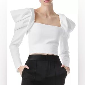 Alice + Olivia Genny Ruffle Puff Power Shoulder Crop Top White Party Sz 10 NWT